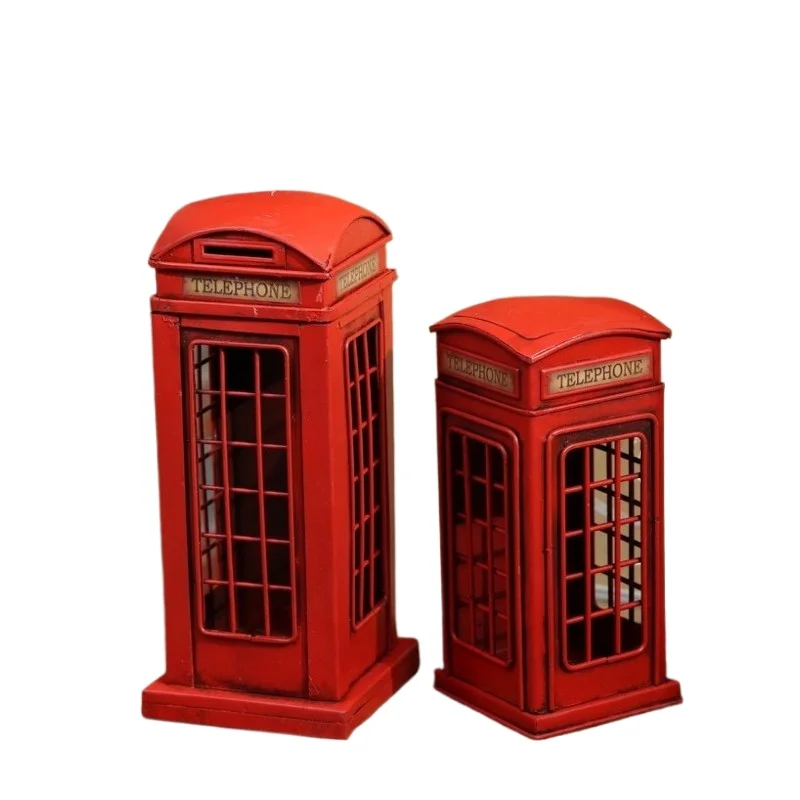 Retro British Iron Ornament, London Double Decker Bus & Telephone Model, European Desktop Home Shop Decor