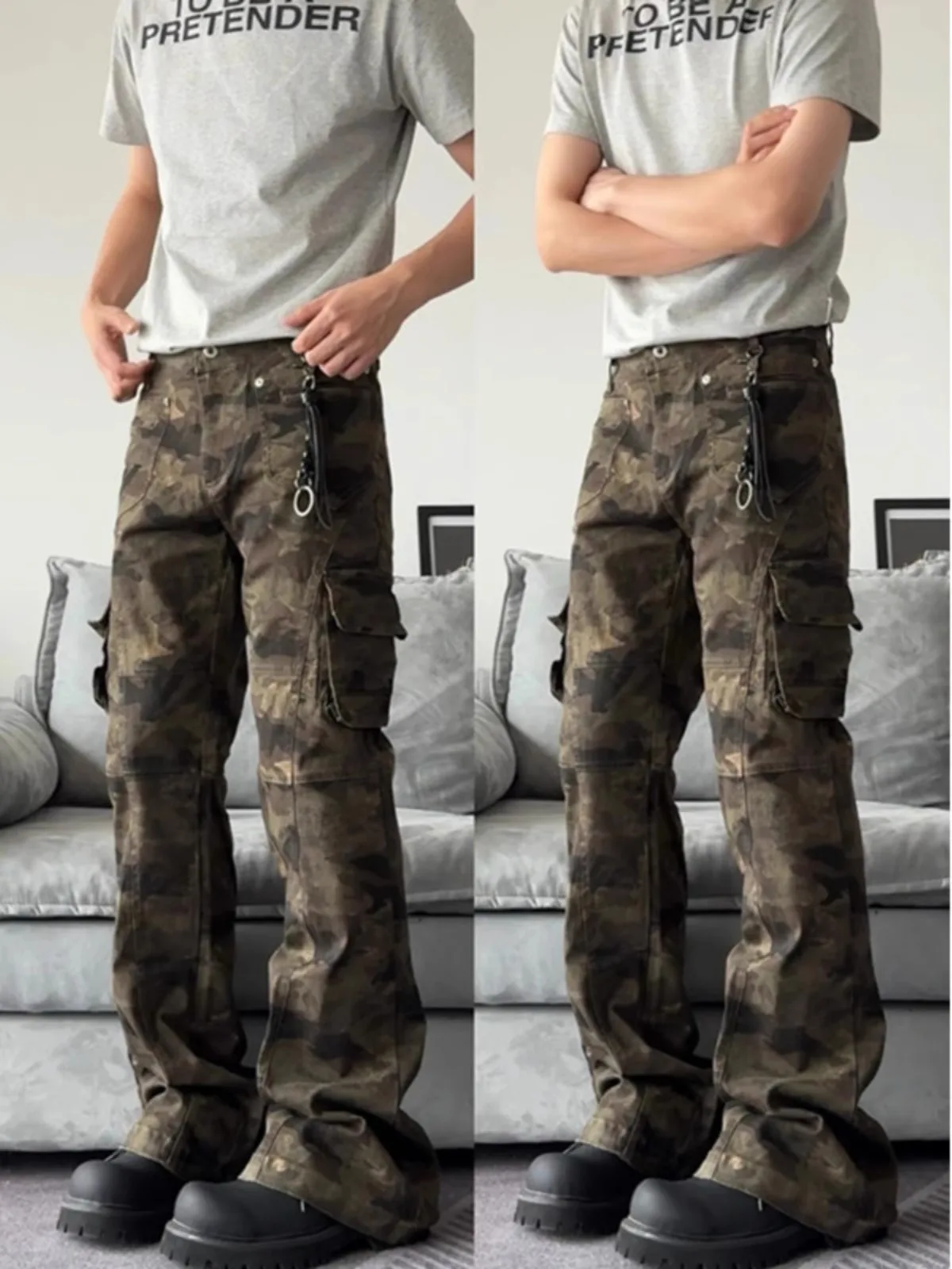 

Cleanfit American Style Camouflage Work Pants Men's Spring Elastic Slim Straight Leg Jeans High Street Vibe Flared Pants