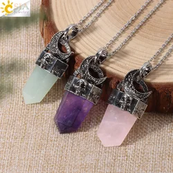 Crescent Moon Necklace Men Natural Stone Sword Pendant Healing Pink Quartz Crystal Stainless Steel Chain Jewelry for Women H464