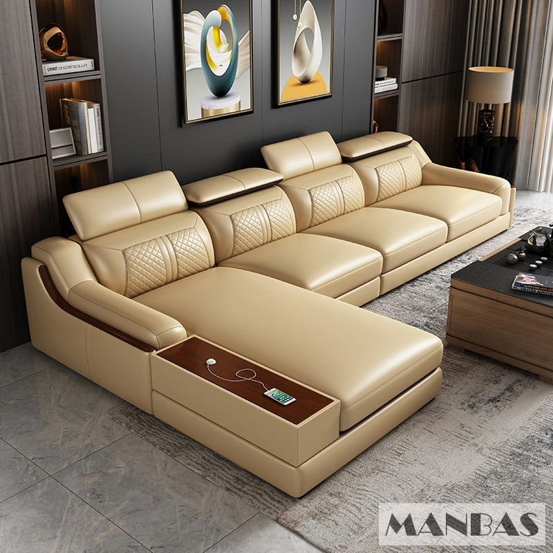 Stylish Italian Genuine Leather Sofa for Living Room with Cup Holder, USB, Adjustable Headrests & Bluetooth Speaker - MANBAS