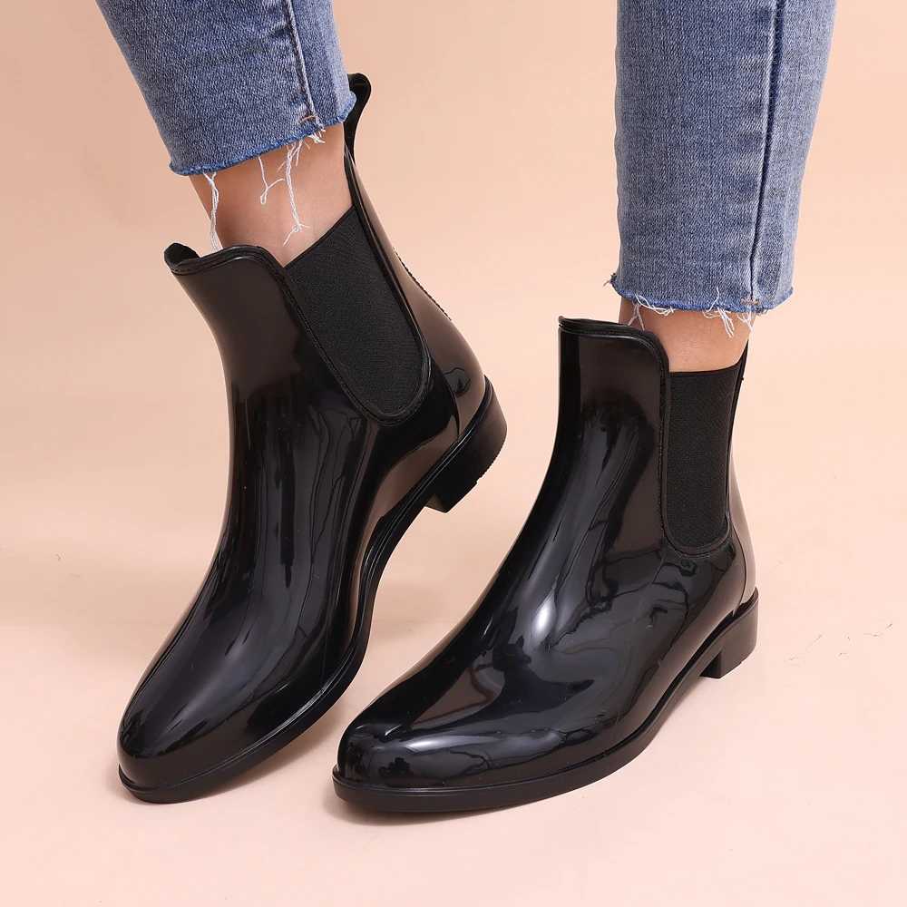 Shevalues Women Chelsea Rain Boots Shiny Ankle Boots Waterproof Upper Toe Elastic Band Low Sole Fashion Non-slip Ladies Boots