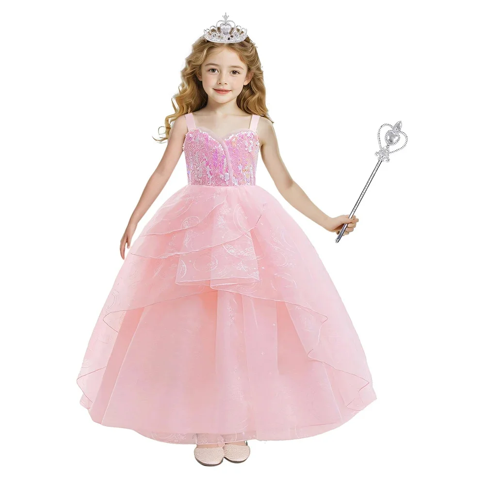 Girls Carnival Magical Movie Witch Glinda Cosplay Dress Kids Pink Princess Costume Elegant Wedding Flower Girl Suspender Dresses