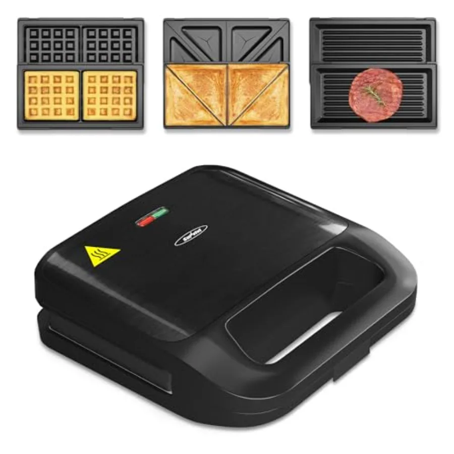 

3 in 1 Waffle Grill Sandwich Maker with Removable Non-Stick Plates Black 750W Indicator Lights for Breakfast Lunch and Dinner