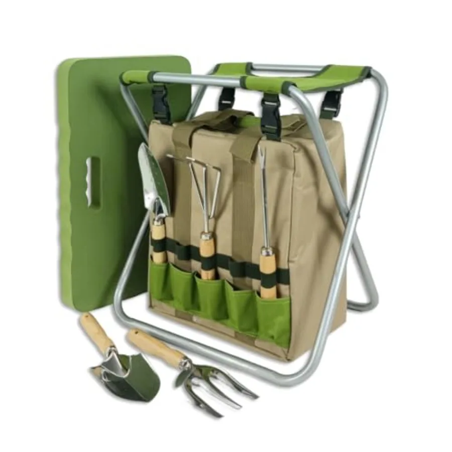 

Садовые сумки Garden Bags Plus с 5 инструментами и складным садовым стульчиком-табуретом с изоляционной сумкой, черные, для использования на улице, из прочного полиэтилена