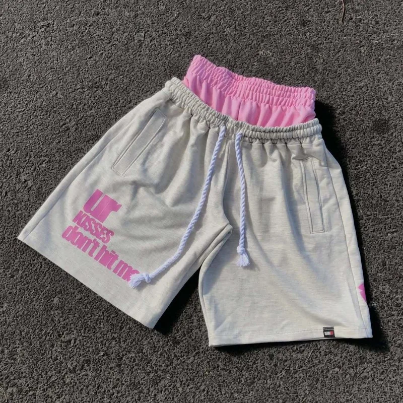 

Y2K Double Layer Streetwear Shorts Men Pink Contrast Waist Print Drawstring Casual Sweat Shorts Шорты Мужские Roupas Masculinas