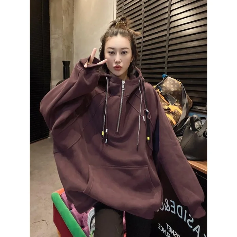 

European Station European Stitched Zipper Sweatshirt Women's Fashion Loose Hooded Top