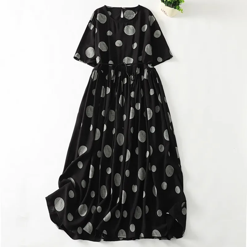 

2025 New Summer Women Midi Dresses Vintage Literary Polka Dot O-Neck Belted Party Dresses Office Lady Print Sundress