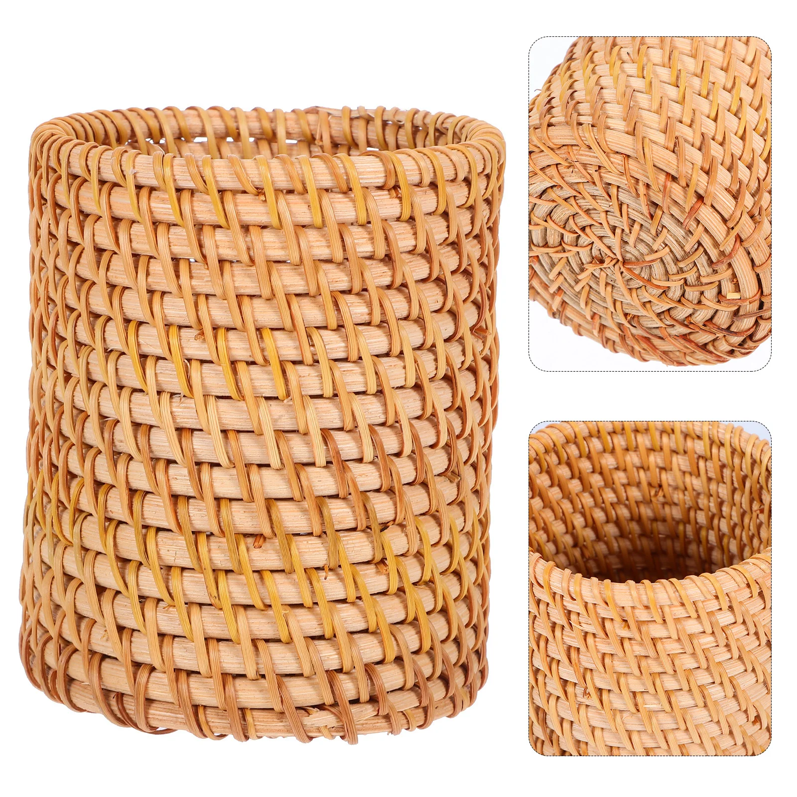 

Vintage Rattan Pen Holder Hand-Woven Round Base Desktop Organizer Retro Stationery Storage Holder Office Desk Accessories