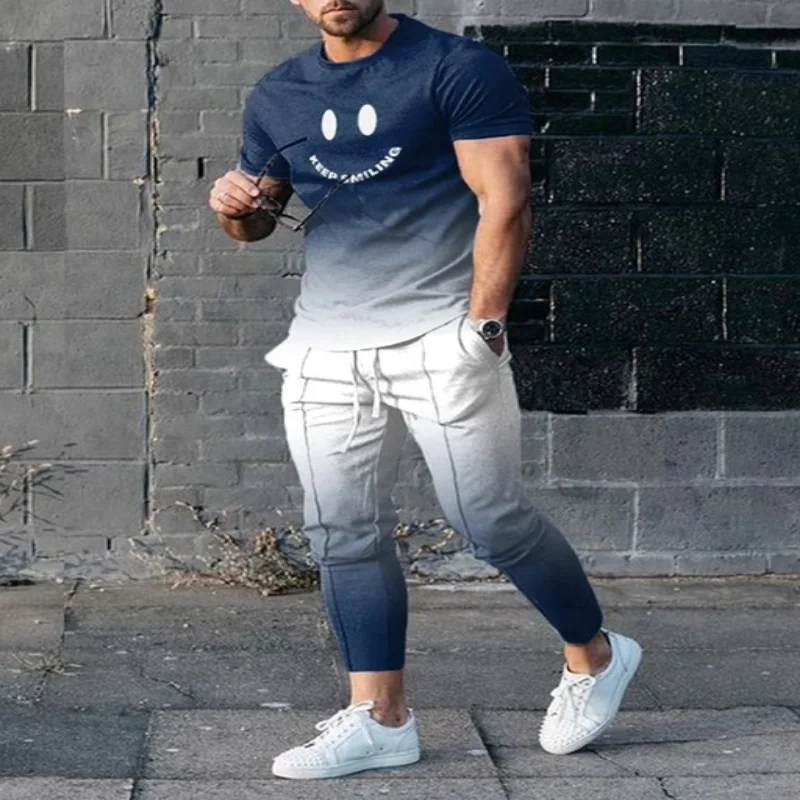 New Arrival Summer Men Trousers Tracksuit 2 Piece Sets Short Sleeves T Shirt+long Pants Street Casual Suits Mens Clothes