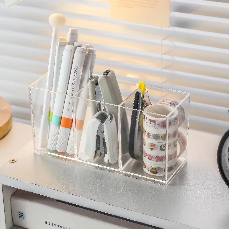 Multifunctional Acrylic Pen Holder with Compartmentalized Transparent Design, Large-Capacity Desktop Organizer for Office