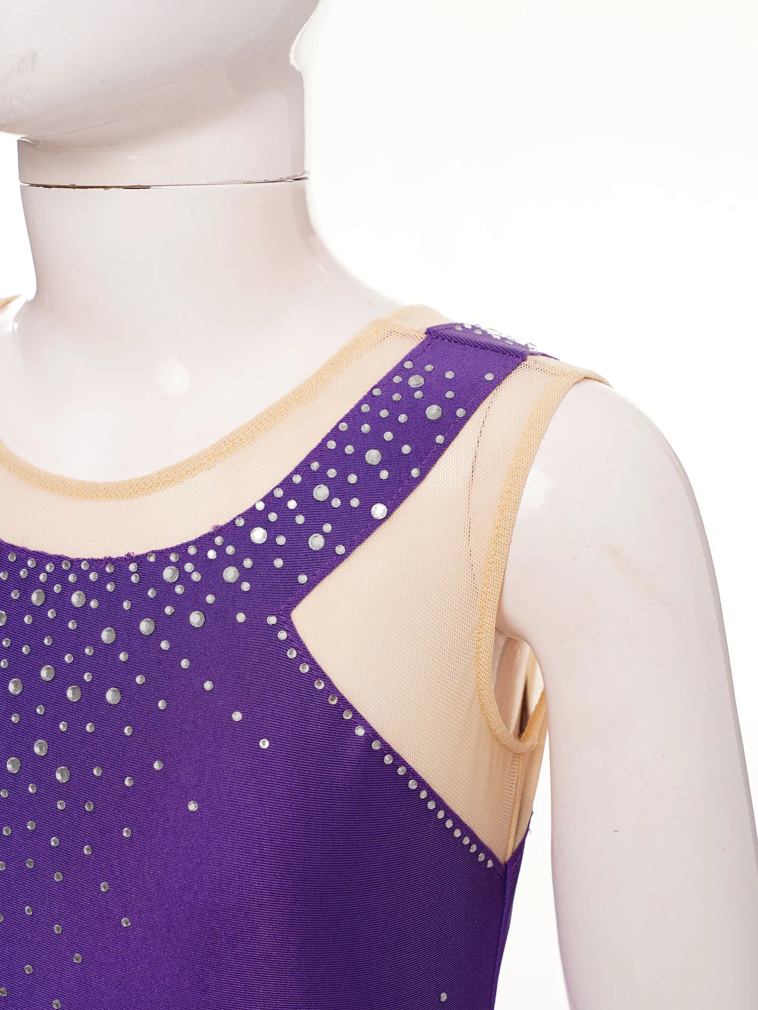 Kids Rhythmic Gymnastics Jumpsuit for Girls Figure Skating Bodysuit Color Block Sheer Mesh Patchwork Sleeveless Ballet Leotard