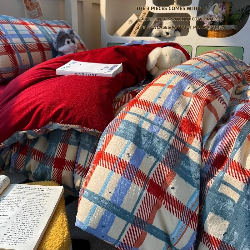 3pcs RED PLAID Duvet Cover Set (1*Duvet Cover + 2*Pillowcase, Without Core),soft fabricBedding Set