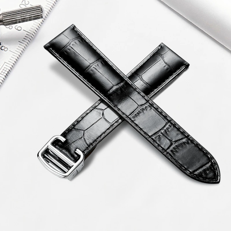 Pulseira à prova d'água e suor, acessórios de relógio de couro genuíno masculino e feminino, fivela dobrável para cartier tank londres