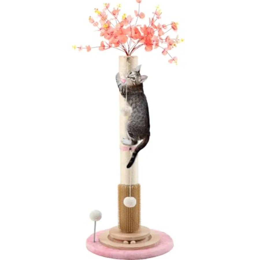 

45'' Tall Sisal Rope Cat Scratching Post 3.5 Inch Diameter for Indoor Cats Adults Kittens Pink with Interactive Ball Toys Self