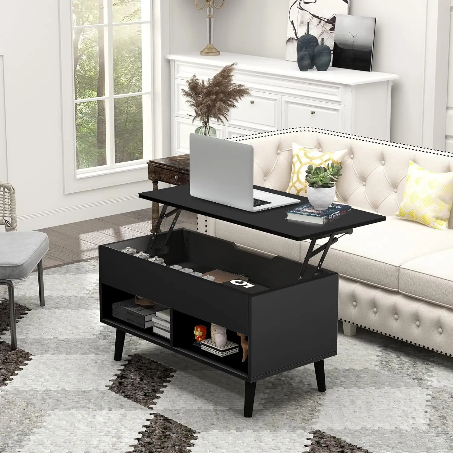 Lift Top Coffee Table, Modern Table with Hidden Compartment & 2 Open Shelves, Flip Top Center Table,for Living Room,Black