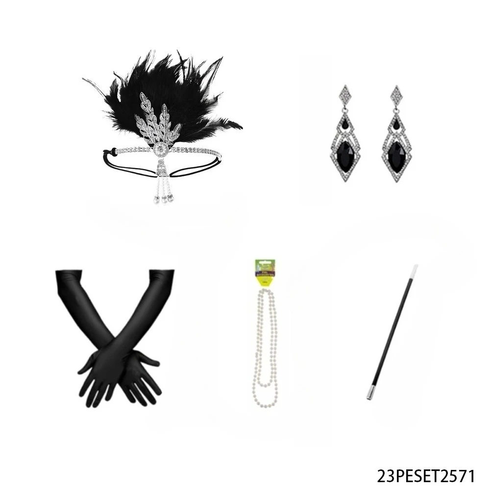 PESENAR ชุดเครื่องประดับขนนกสีดำสไตล์วินเทจ ประดับเพชร ที่คาดผมเพชร สร้อยคอมุก ถุงมือ ชุดปาร์ตี้ย้อนยุคสุดหรู