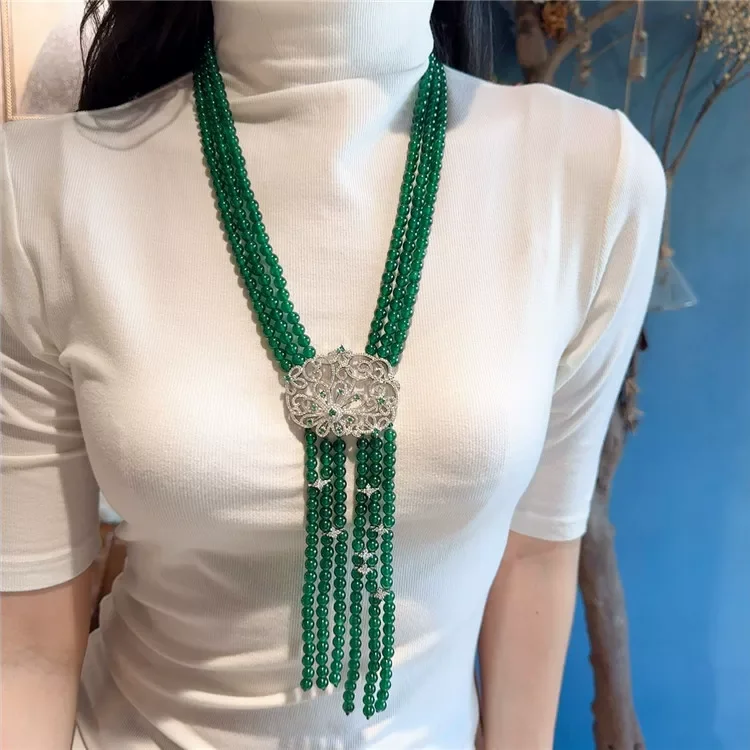 

Natural dongling green jade beads multilayer micro inlay zircon clasp long necklace sweater chain fashion jewelry