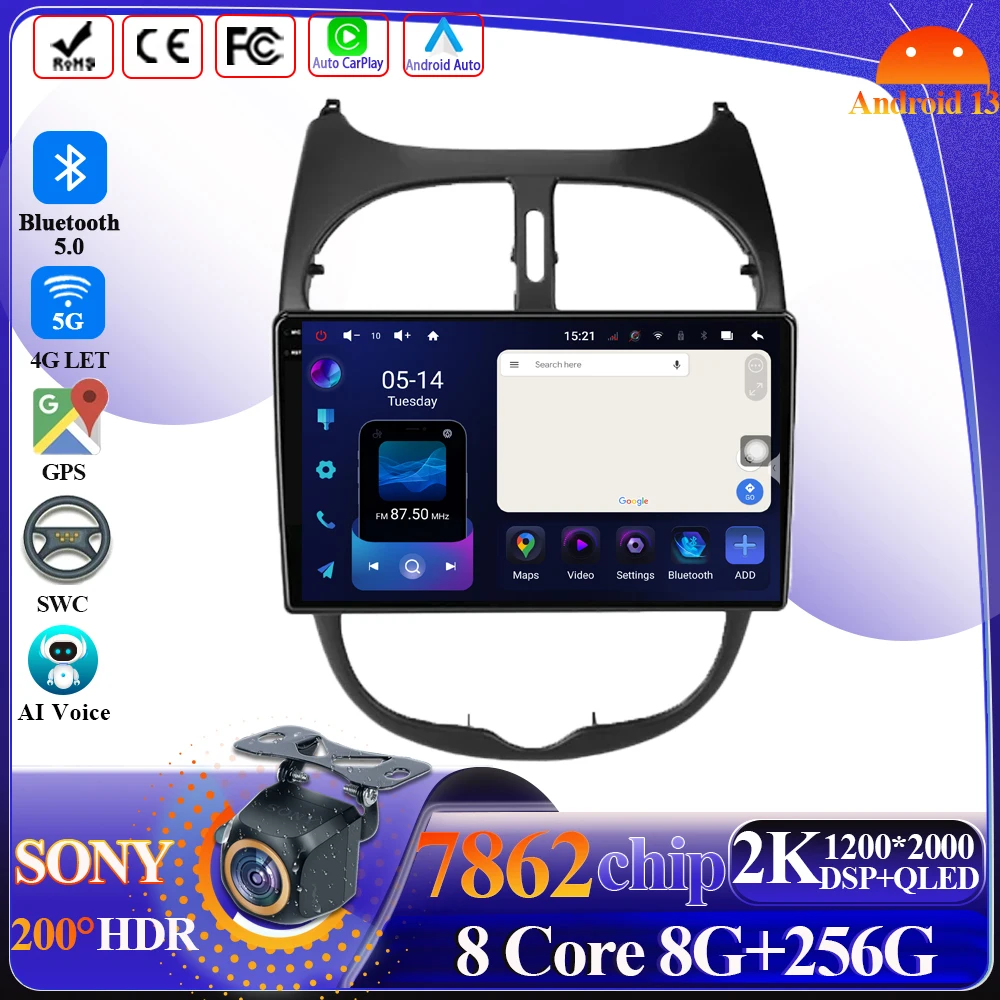 

Car Radio Android Carplay For Peugeot 206 206CC 206SW 2001-2016 Intelligent System 8 core Multimedia 5G Wifi Navigation Display