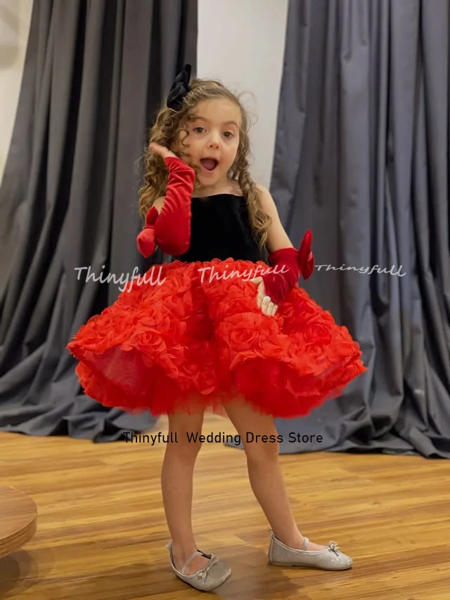 Thinyfull A-line Velvet Short Flower Girl Dress Square Collar Long Sleeves Children's Evening Dress Birthday Gowns Customized