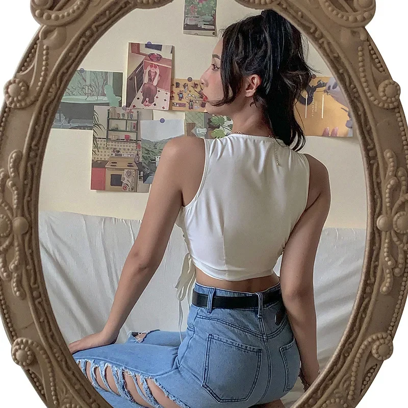 New Fashion French Style Romatic Slim Irregular Tank Tops Drawstring Sexy Deep V-neck Crop Tops 2024 Summer Clothes for Women
