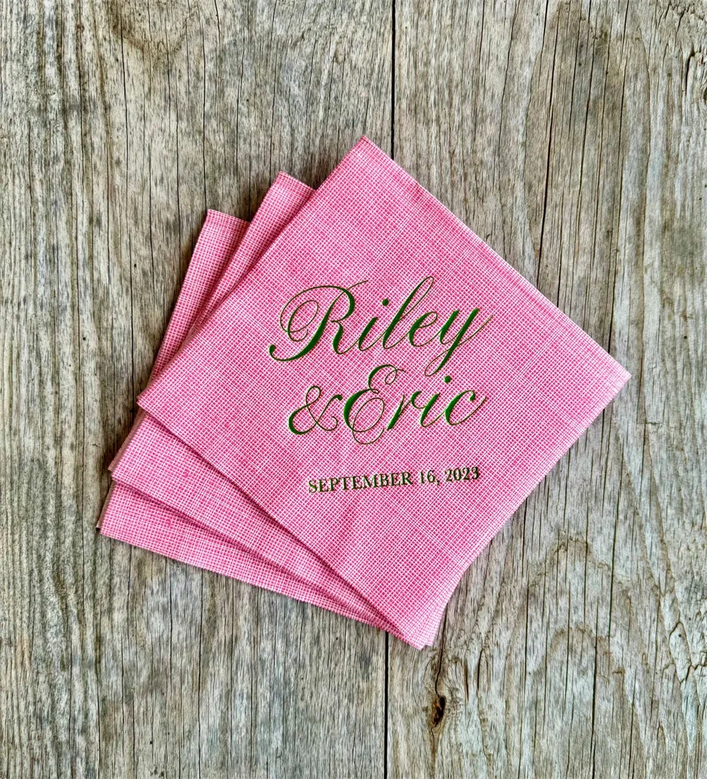 50PCS Personalized Crosshatch Linen Like Napkins, Rainbow Foil, Monogrammed Linen Like Beverage, Cocktail, Wedding, Cheers, Holi