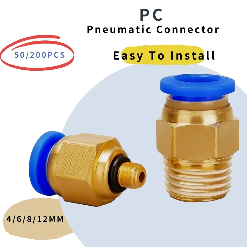 

50/200PCS Pneumatic Air Connector Fittings,PC 4mm 6mm 8mm 10mm 12mm, Thread 1/8" 1/4" 3/8" 1/2",Quick Connect Hose Pipe Fittings