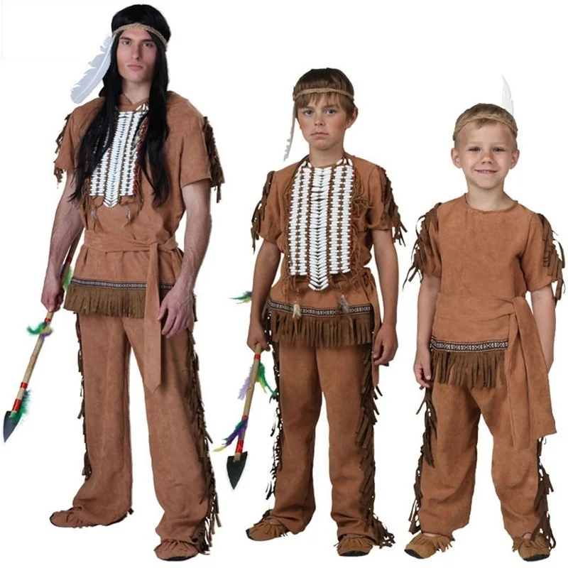 Adult Kid Boys Men African Original Indian Chief Jungle Costume Wild Man Halloween Party Cosplay Carnival Children