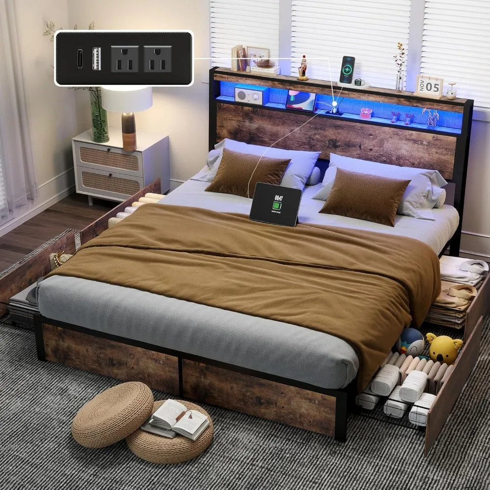 King Size Bed Frame with 4 Storage Drawers and Headboard with Charging Station and LED Lights,2Tier Solid Wood Headboard Storage