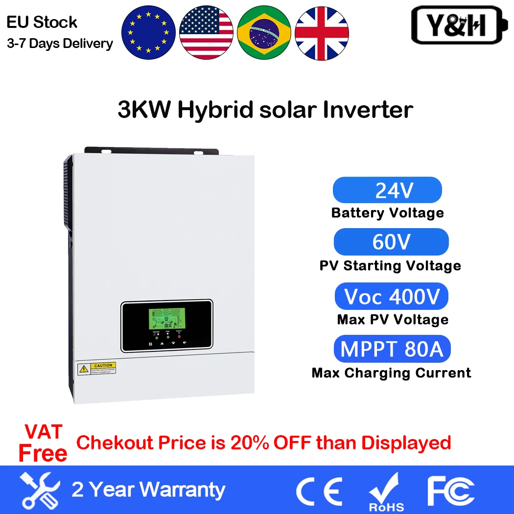 Y&H 3000W hybrid solar inverter 24V AC 220V pure sine wave inverter MPPT 80A solar controller off-grid inverter