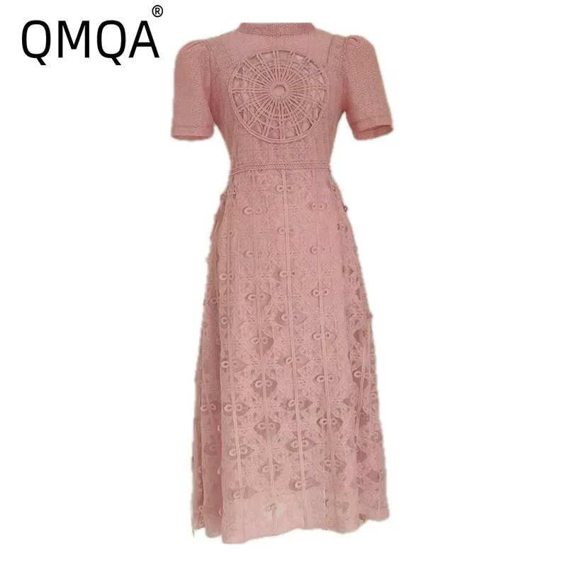 

QMQA Fashion Women's Mesh Embroidery Hollow Out Dresses O Neck Short Sleeve Waist Slimming Mid Length Dress 2025 Female QM123
