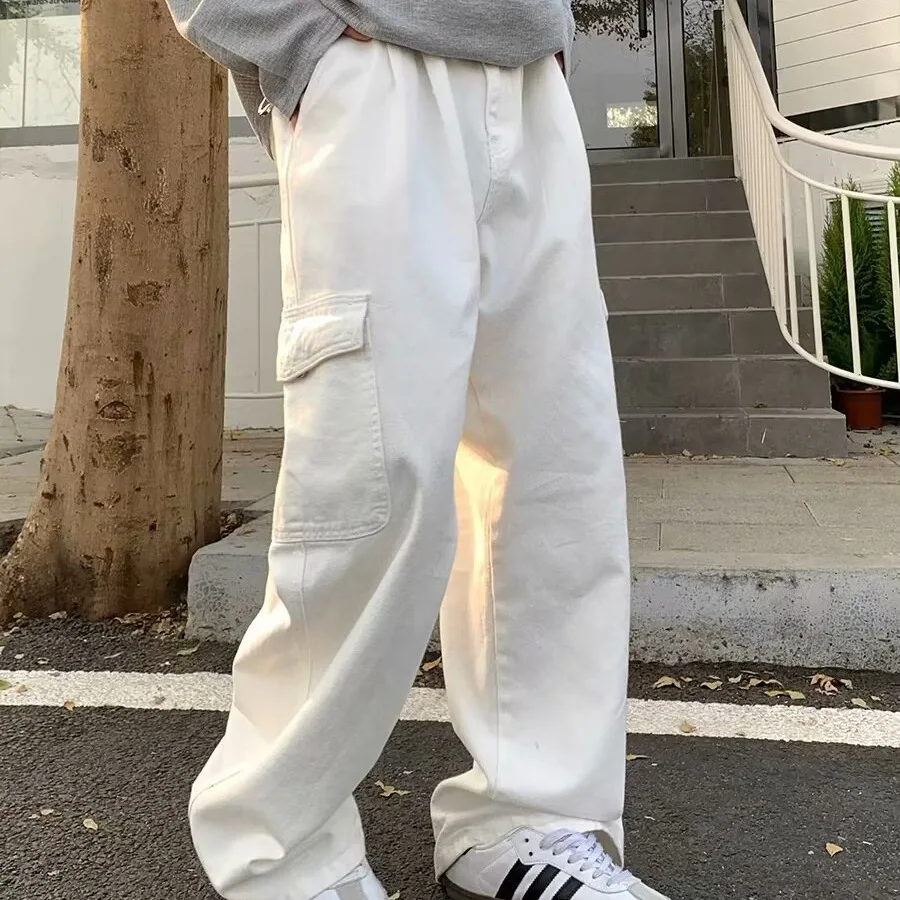 White Wide Leg Cargo For Men, Spring New Popular , Loose, Straight-Cut, Multi-Pocket