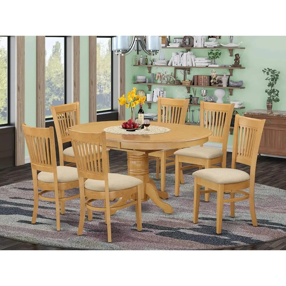 

Mid-Century Dining Table Set- 6 Fantastic Dining Chairs with Linen Fabric Seat - A Wonderful Butterfly Leaf Round Dining Table