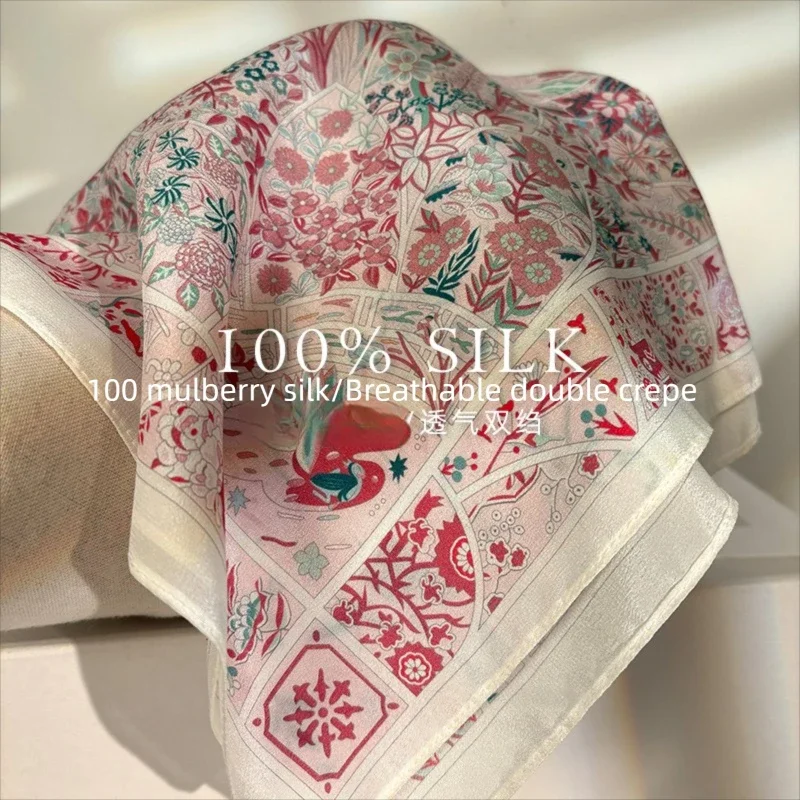 

Spring Botanical Print 100% Mulberry Silk Scarf Soft Pastel Pink Green Bandana Headscarf for Women Daily Use Gift