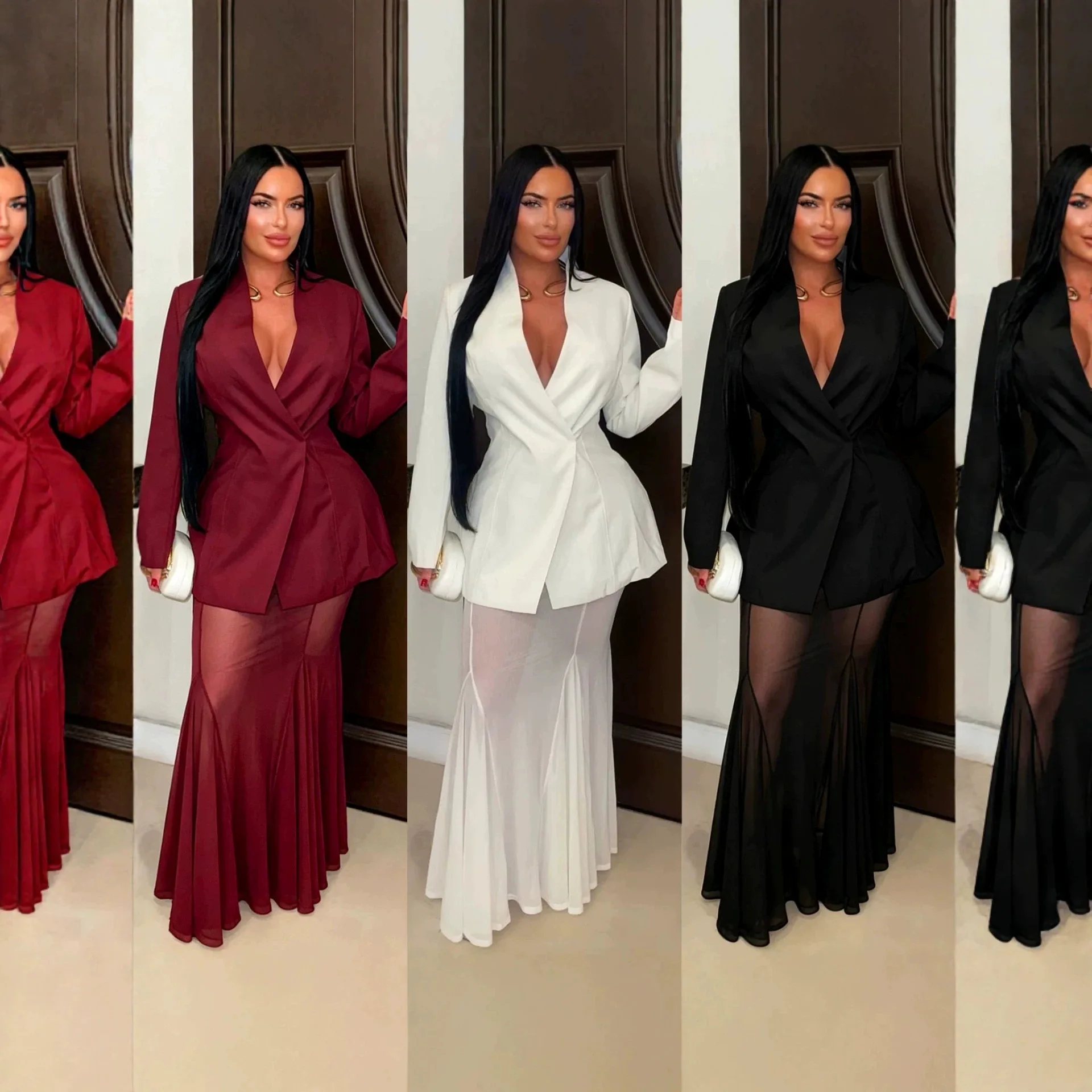 Women 2 Piece Sets Skirt Set Deep V Neck Full Sleeve Lapel Blazers Mermaid Skirts Sheer Mesh Y2k Streetwear Elegant Work Sexy view 3