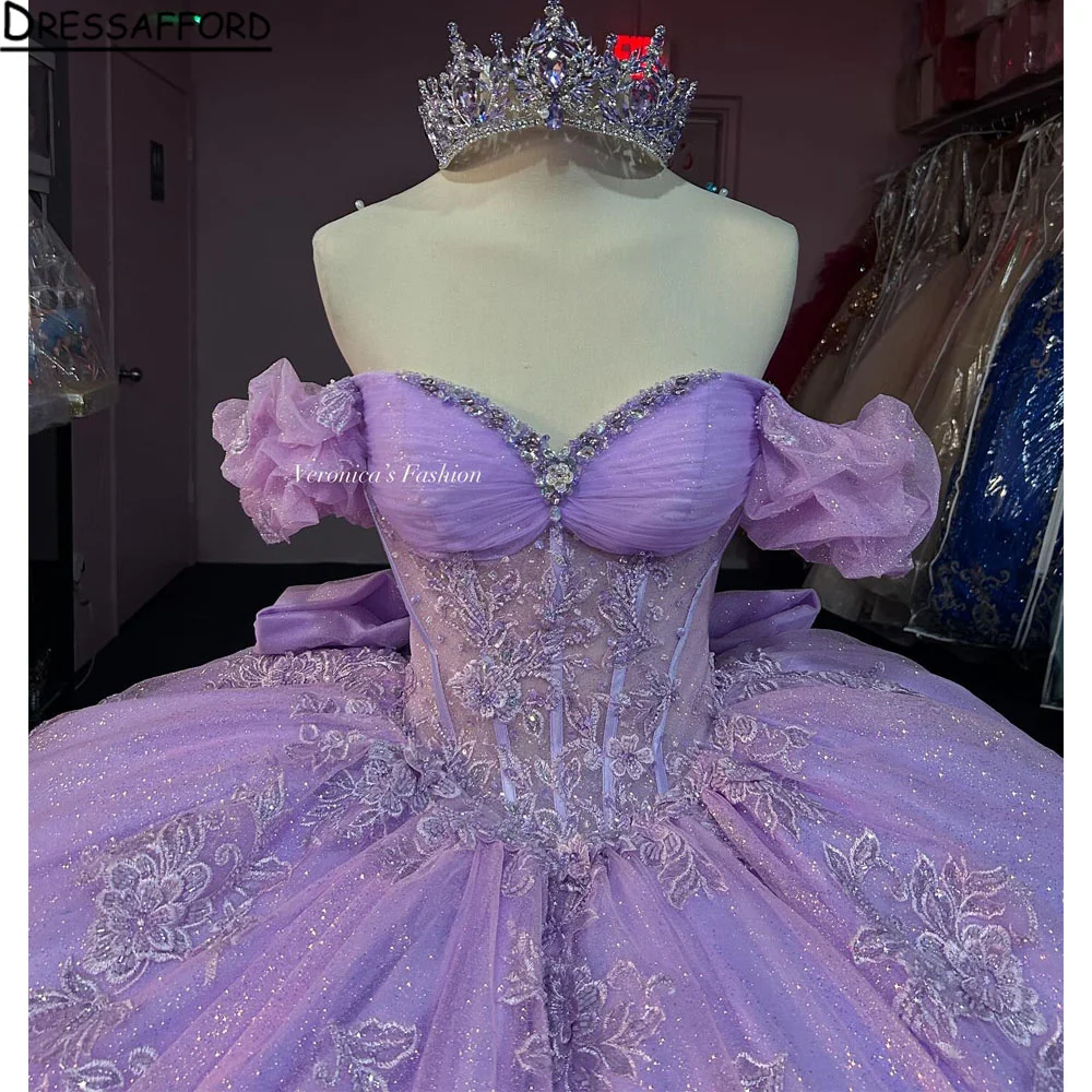 

Light Lilac Sweet 16 Quinceanera Dresses Applique Lace Flower Beads Bow Tull Corset Party Birthday Gowns Customized