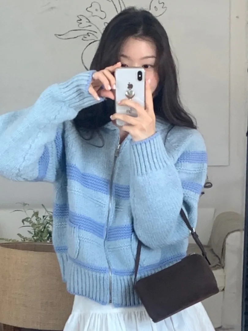 

Chic Autumn Winter Thiened Loose Fit Stripe Sweater Jaet Women's Turn-down Collar Color Blo Agel Sli Outerwear