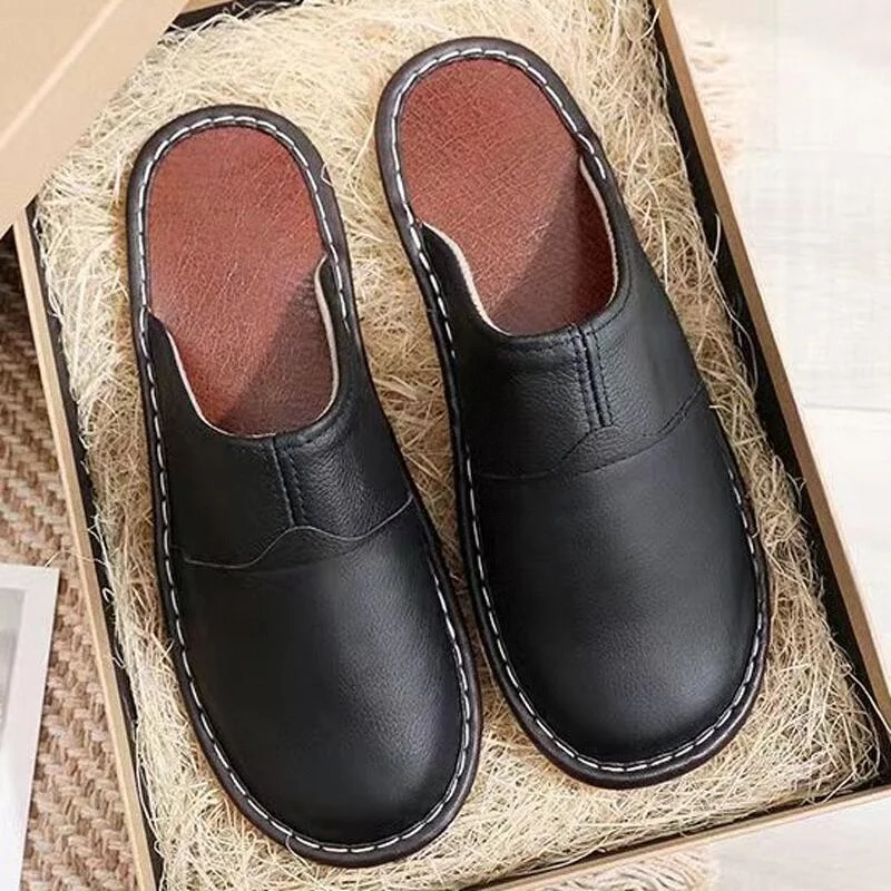 

Genuine Leather Slippers All Seasons Men's Autumn Winter Room Slides Shoes Home Concise Couple Slippers Man Indoor Scuff Shoes
