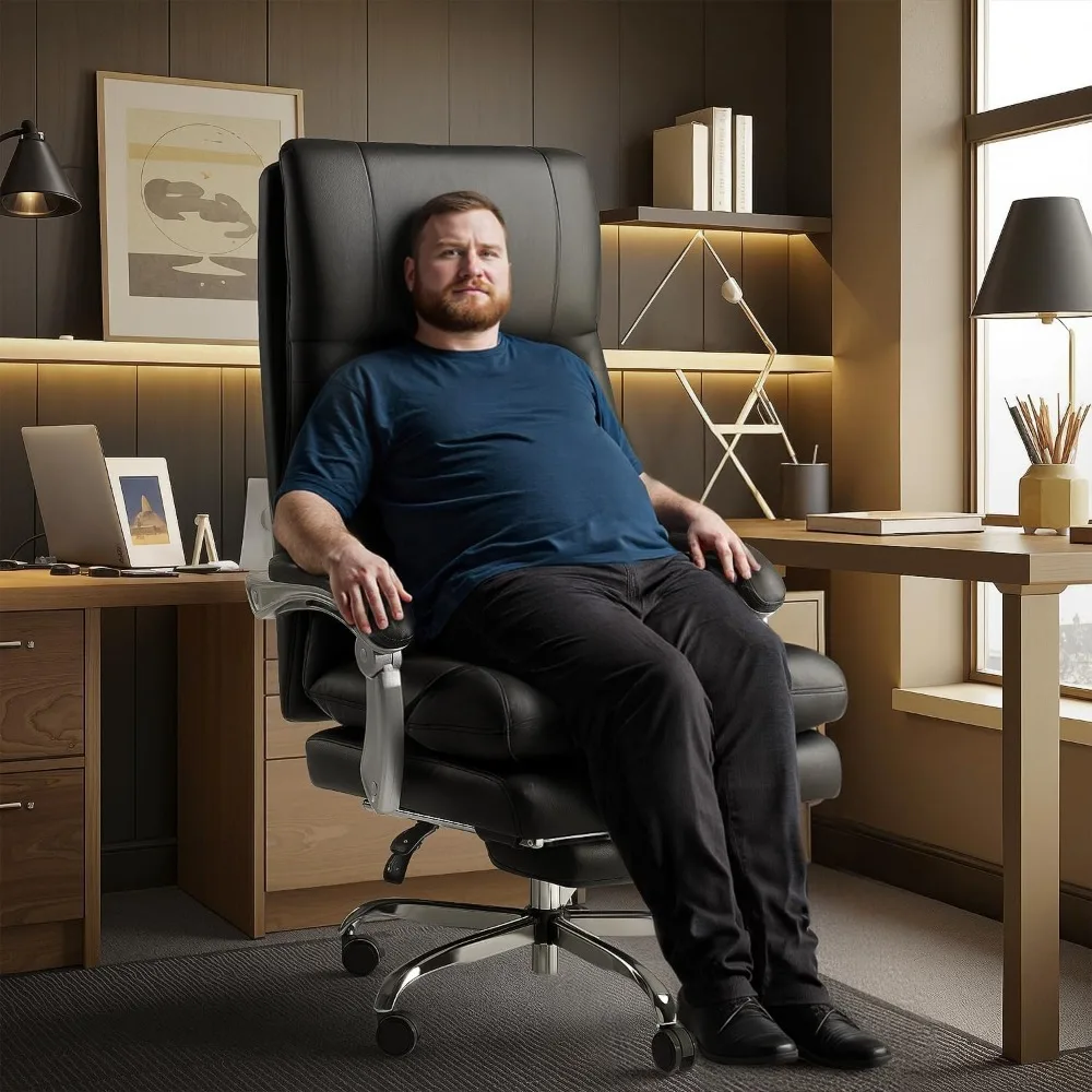 durable high-back leather office chair with footrest for up to 600lbs capacity