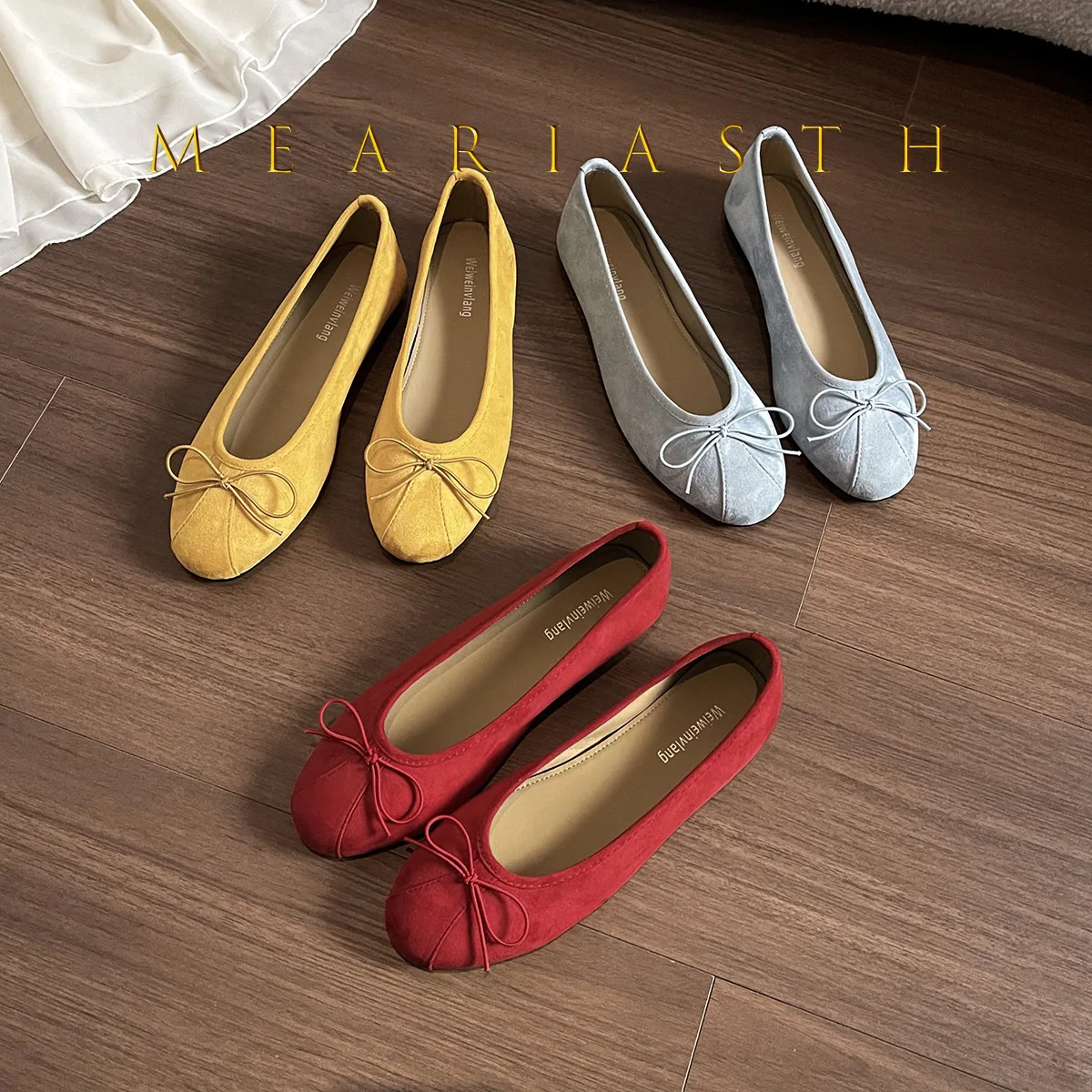 

Yellow Flat Bottomed Women's Ballet Flats Soft Sole Butterfly Knot Slip-On Shoes Korean Style round Toe Low Heel Summer Shoes