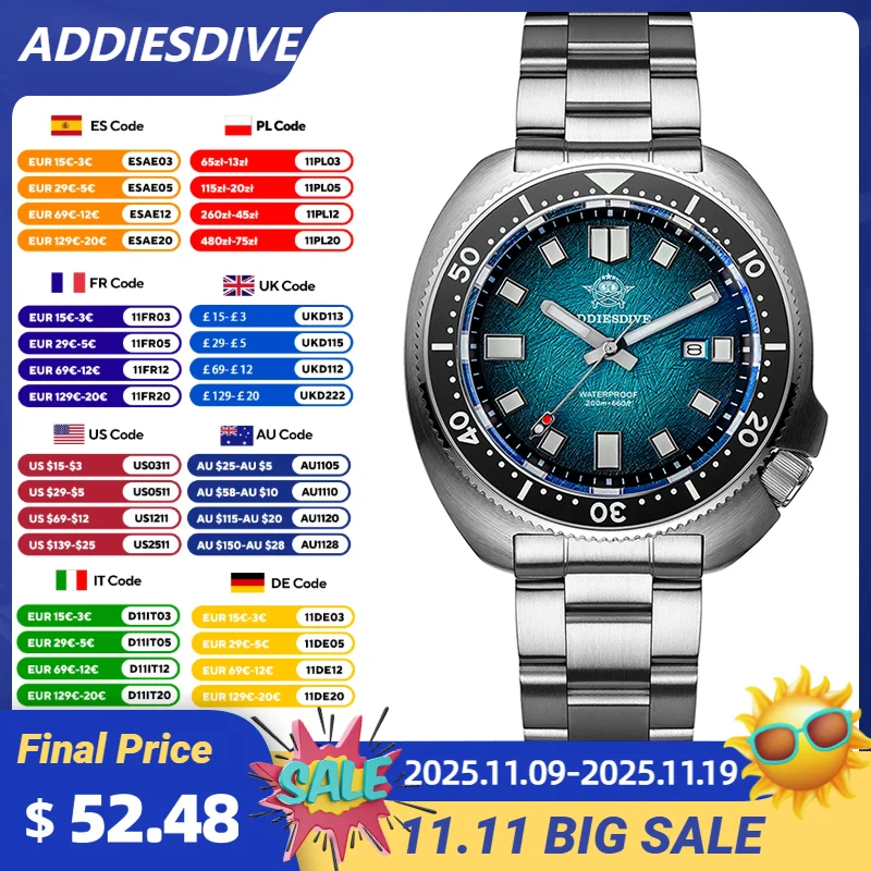 

ADDIESDIVE AD2511 Men's Quartz Watches Sapphire Glass 41mm Ceramic Bezel BGW9 Luminous Stainless Diver Watch 20Bar Waterproof