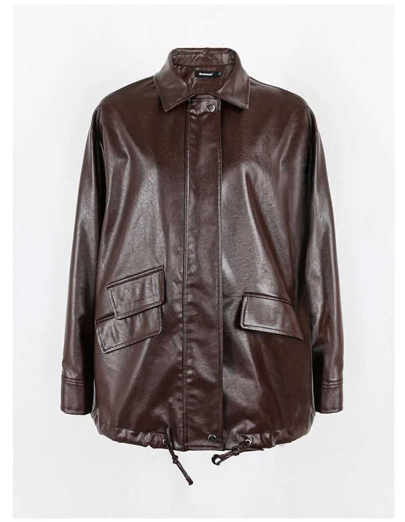 Lautaro Spring Autumn Oversized Casual Waterproof Black Soft Pu Leather Jacket Women with Drop Shoulder Long Sleeve Fashion 2022
