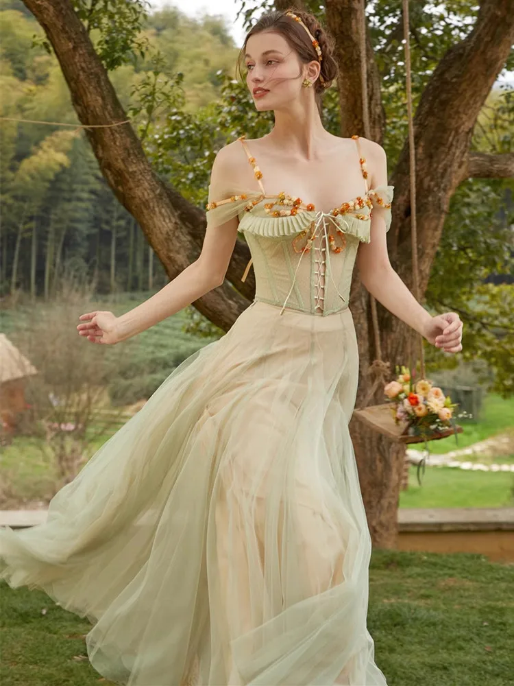 

82-98cm Bust Summer Dress Sets Women Sets Elegant Luxury Flowers Fishbone Corset Tops+Long Skirt French Green Fairy Mesh Dresses