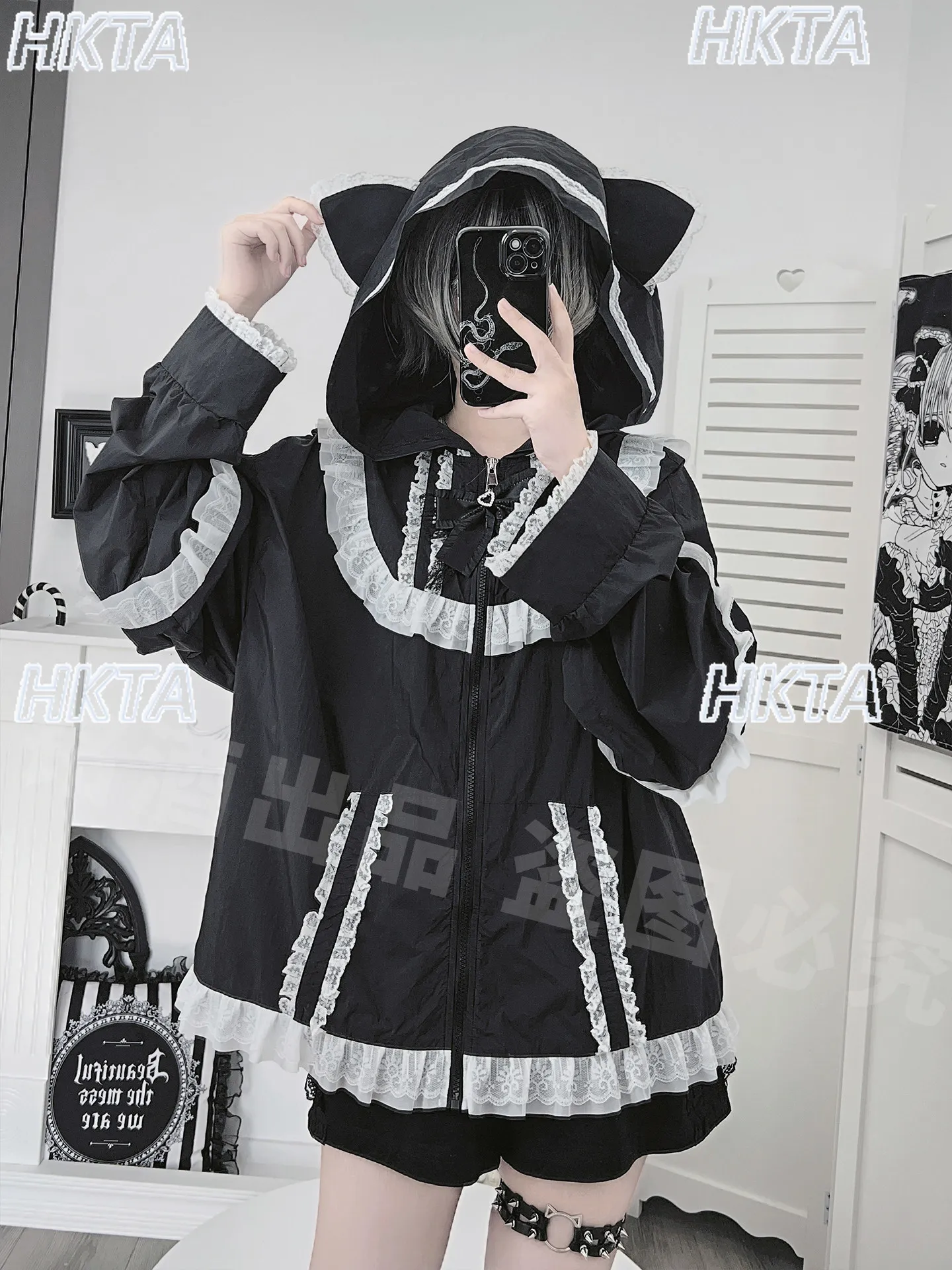 Japanese Y2K Subculture Summer Black Jacket Lace Bow Pocket Loose Light Breathable Outdoor Sunscreen Clothing Hooded Coat Women
