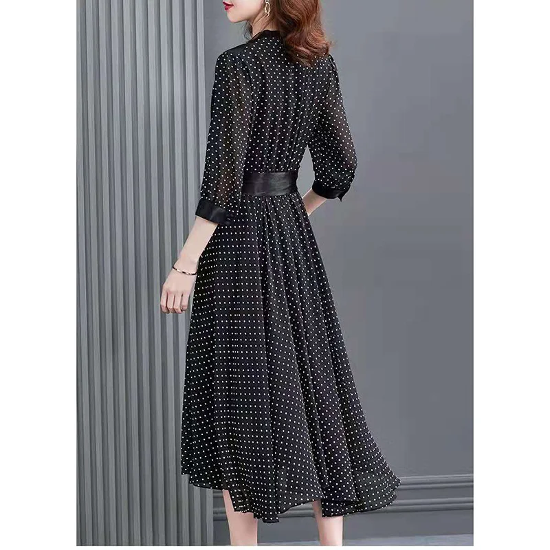 Elegant V-Neck Spliced Loose Bandage Bow Polka Dot Midi Dress Women Clothing 2023 Autumn New Oversized Office Lady Floral Dress