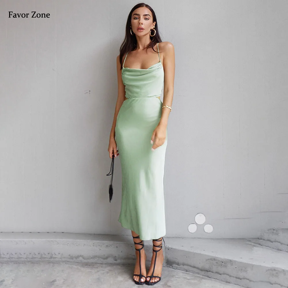 

Spaghetti Strap Backless Lace Up Long Dress Summer 2022 Elegant Satin Evening Party Dresses For Women Sexy Bandage Cut Out Dress