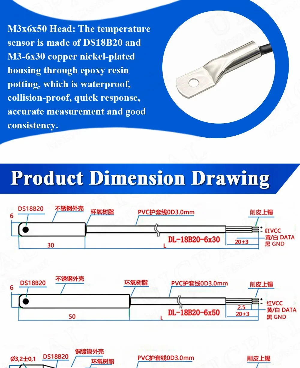 Temperatur sensor ds18b20 Sonde 3,0 Edelstahl 6*30mm oder mm wasserdichtes staub dichtes Sensor kabel 1m Länge – Detail 3