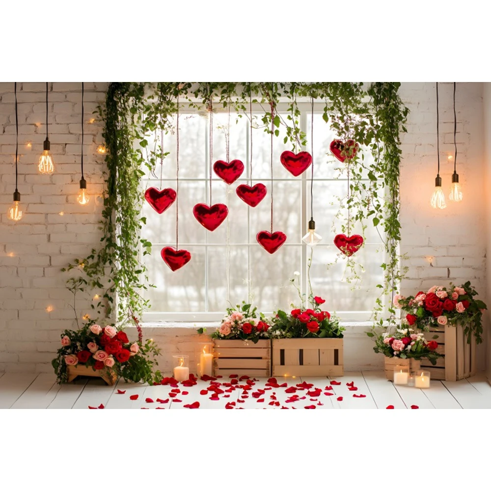 발렌타인 데이 사진 배경, 레드 러브 하트 꽃 창, 로맨틱 발렌타인 웨딩 파티 사진 배경, 2 월 14 일
