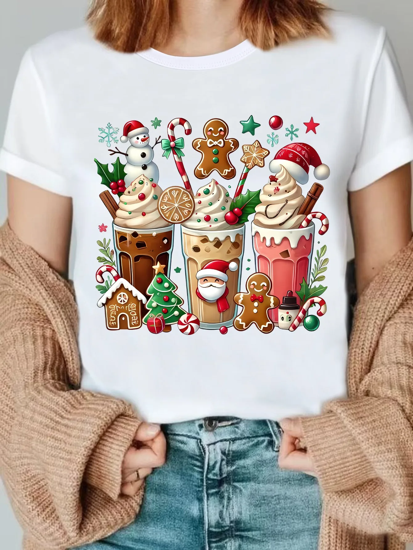 Gingerbread Latte Printed Christmas Sports T-Shirt Coffee Lover'S Crew Neck T-Shirt Christmas Enthusiasts Aesthetic Clothe
