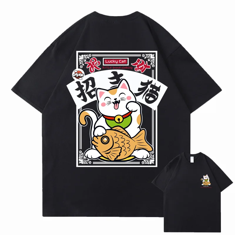 

Hip hop streetwear Harajuku T-shirt Japan Fortune Cat 2025 men's summer 100% cotton casual short sleeved Summer Breathable Top