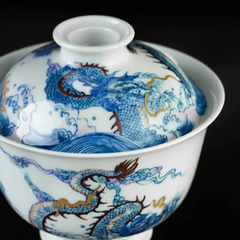 Holy Mountain Jingdezhen Blue And White Doucai Hand-Painted Wulong Playing Pearl Ceramic Set Handmade Covered Bowl Tea Cup